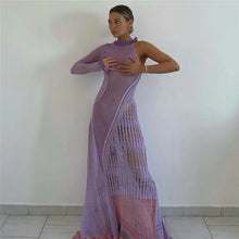 تحميل الصورة في معرض عارض ، Long Knit Dress Contrast Color Hollow-Out
