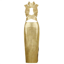 Load image into Gallery viewer, Sexy Gold Halter Hollow Out Split Bodycon
