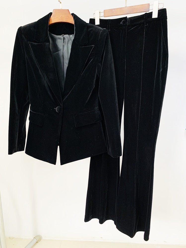 Single Button Velvet Blazer Suit Set