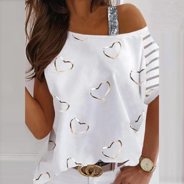 Lady Feather Pattern Print Short Sleeve Blouse