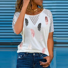 Load image into Gallery viewer, Lady Feather Pattern Print Short Sleeve Blouse
